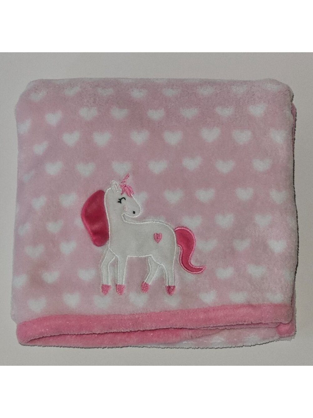 Parent's Choice Pink Fleece Baby Blanket Unicorn White Hearts 30x40